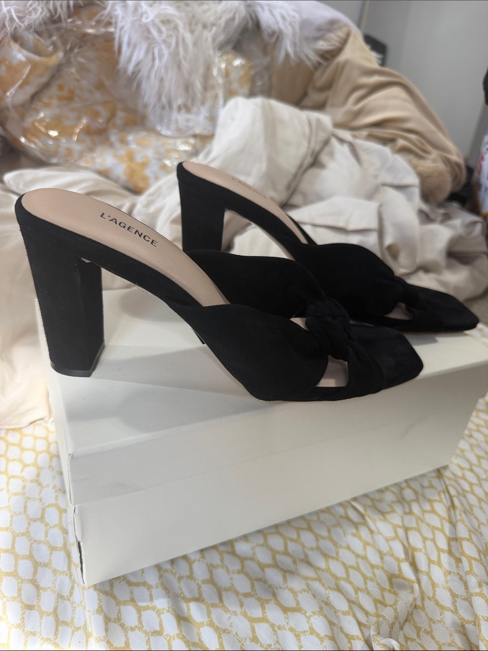 Brand new L'AGENCE Black Knotted Suede Block Heel Mules